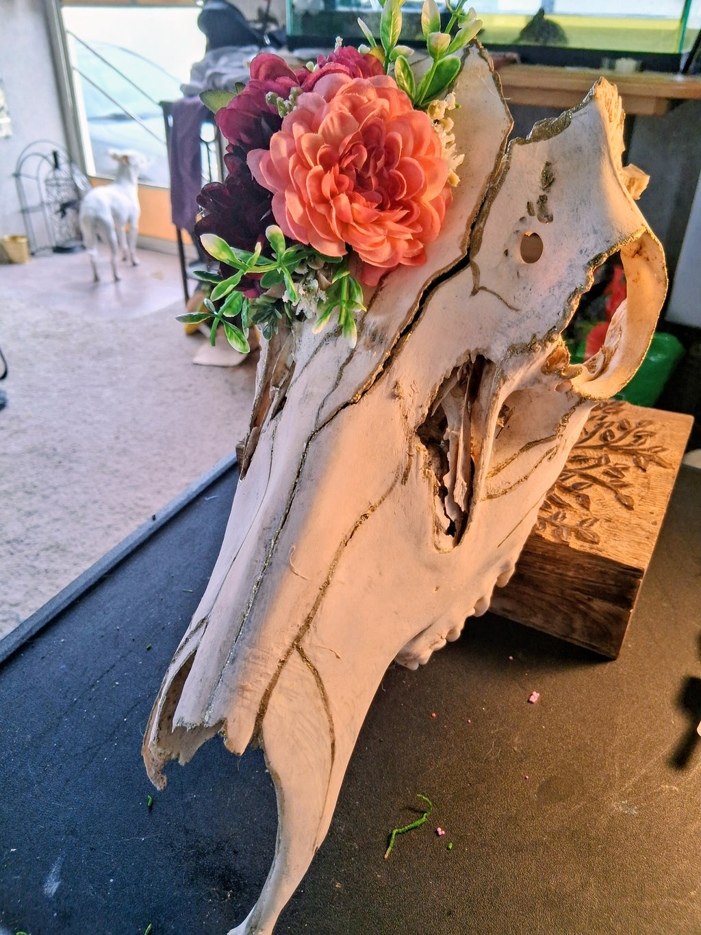 Elk Skull Wall Art | Gold Kintsugi & Floral Crown Handmade Boho Decor