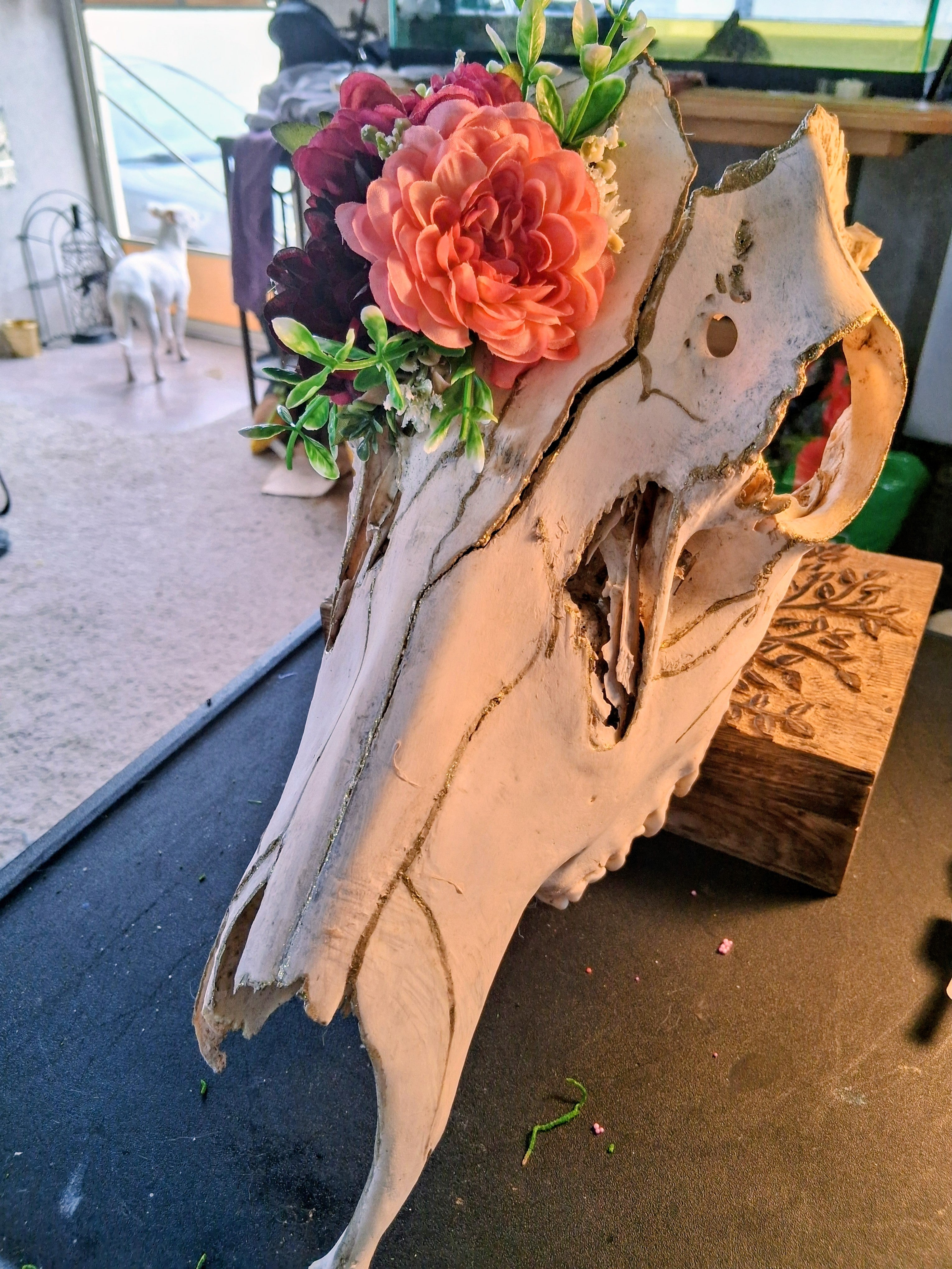 Elk Skull Wall Art | Gold Kintsugi & Floral Crown Handmade Boho Decor
