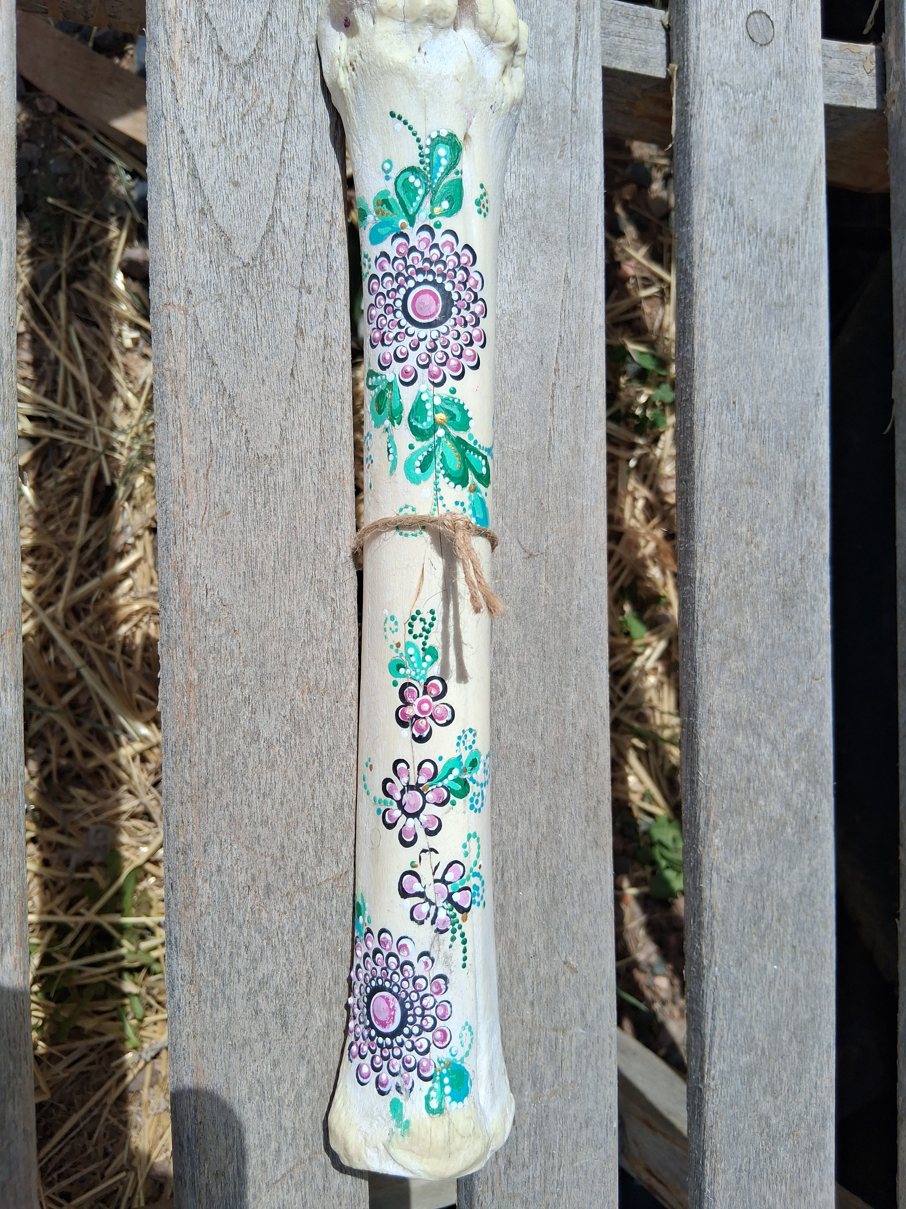 Teal & Purple Flower Mandala Bone Art | Original Hand Painted Dot Art Boho Decor