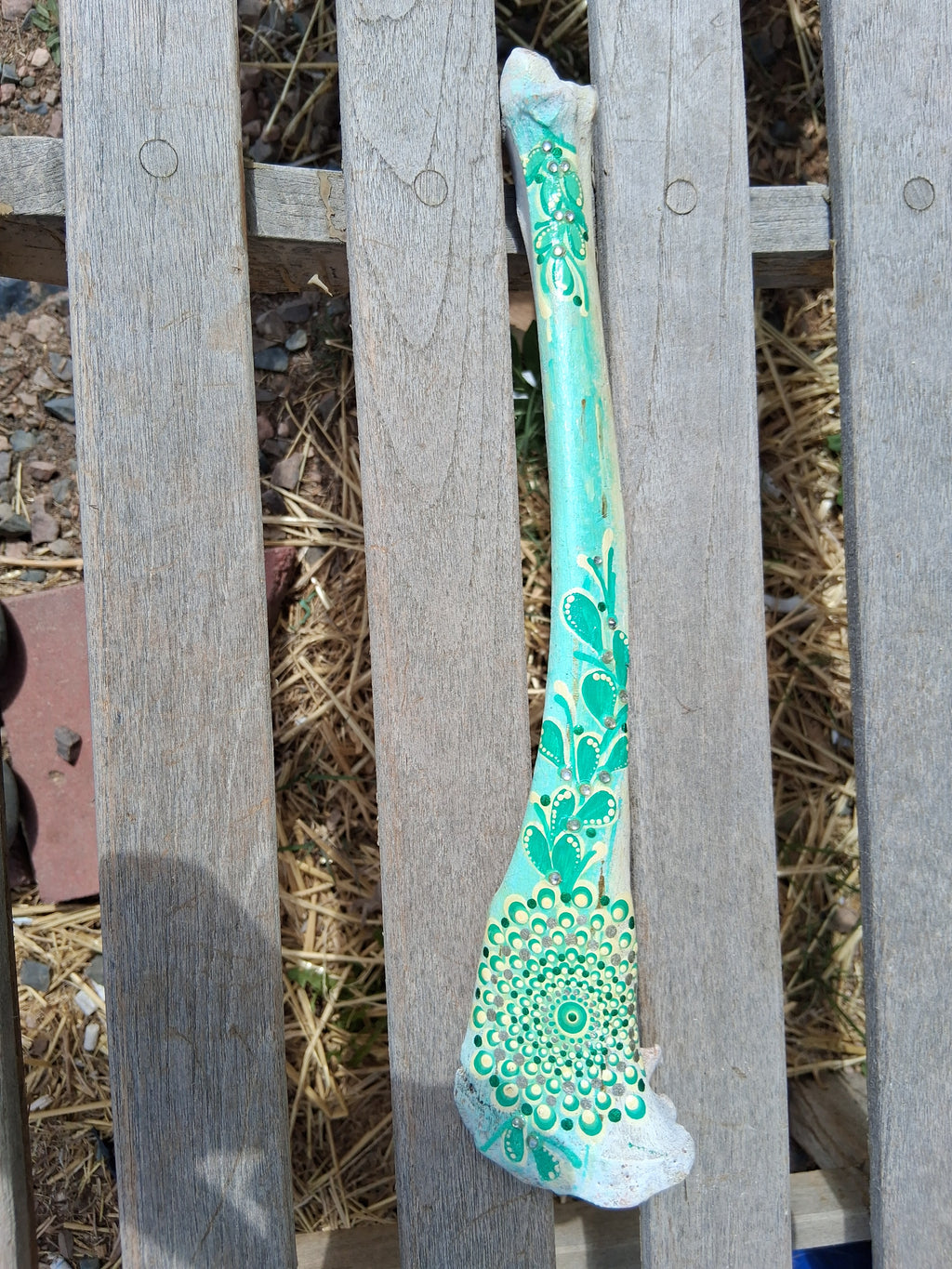 Mint Green Mandala Bone Art | Hand Painted Dot Art Botanical Boho Decor