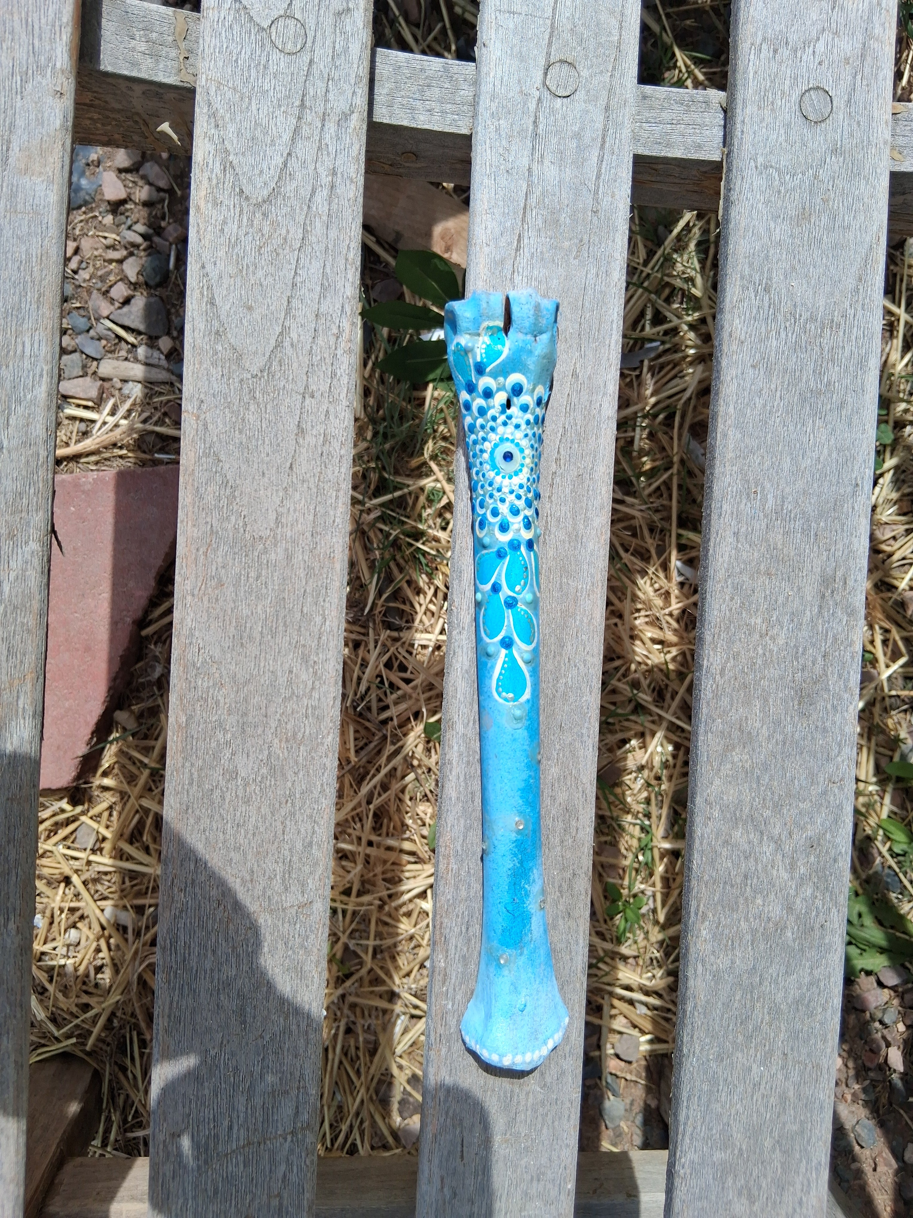 Electric Turquoise Bone Art | Hand Painted Mandala Dot Art Coastal Boho Decor