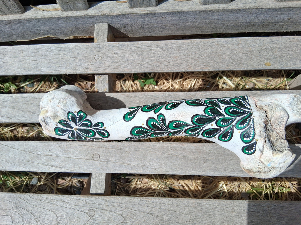 Green & Black Paisley Cow Bone Art | Large Hand Painted Dot Art Boho Decor