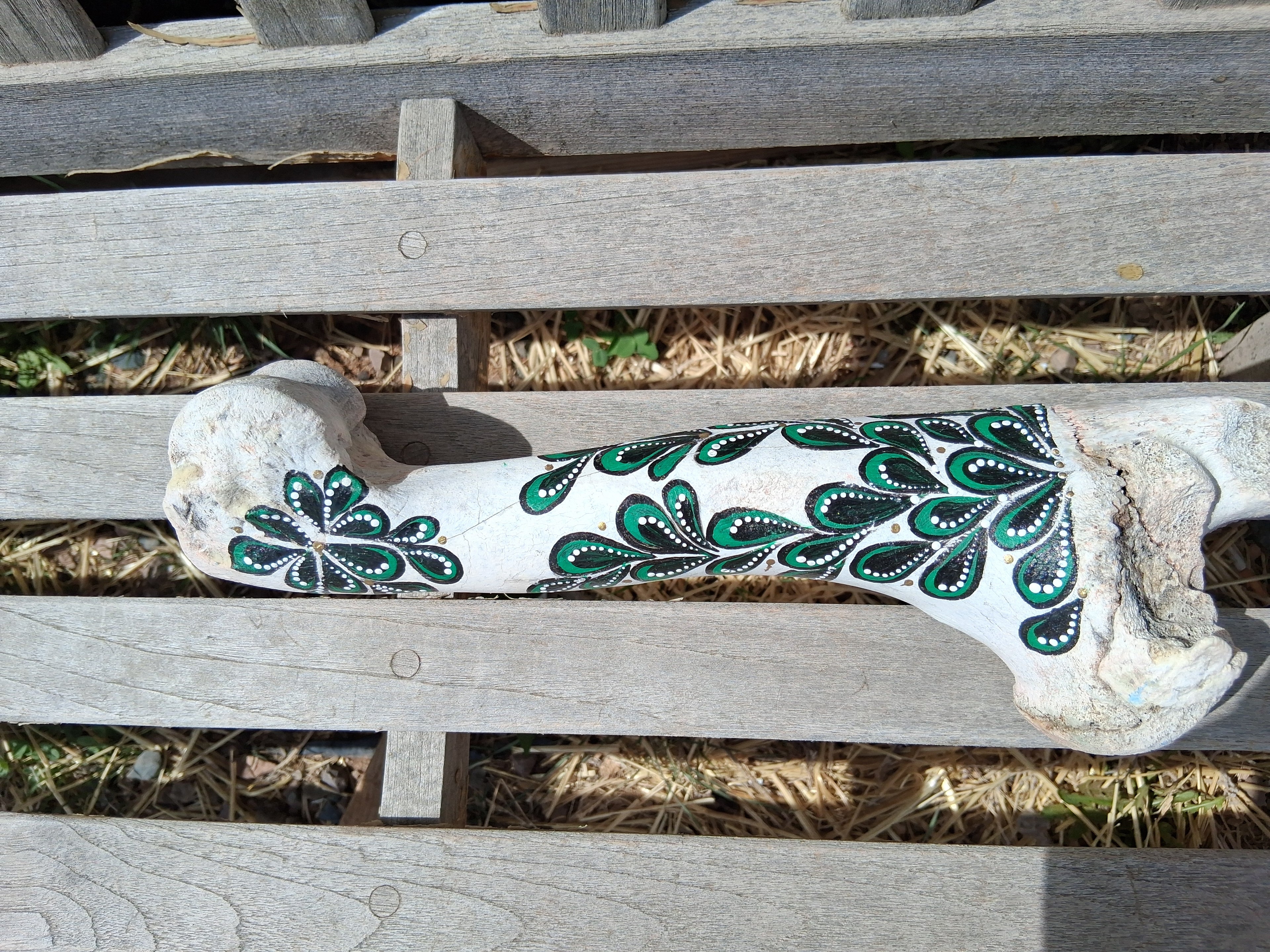 Green & Black Paisley Cow Bone Art | Large Hand Painted Dot Art Boho Decor
