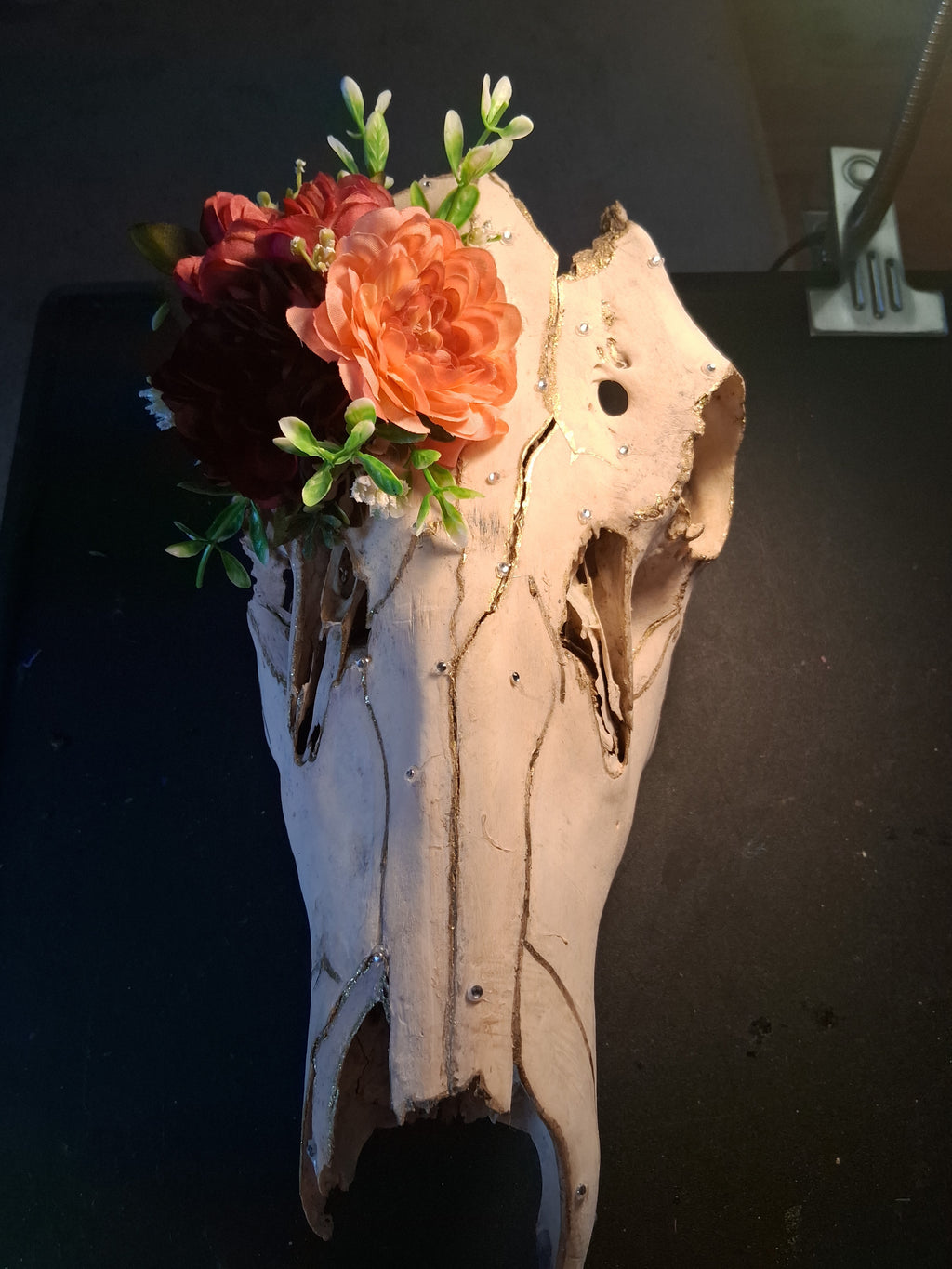 Elk Skull Wall Art | Gold Kintsugi & Floral Crown Handmade Boho Decor