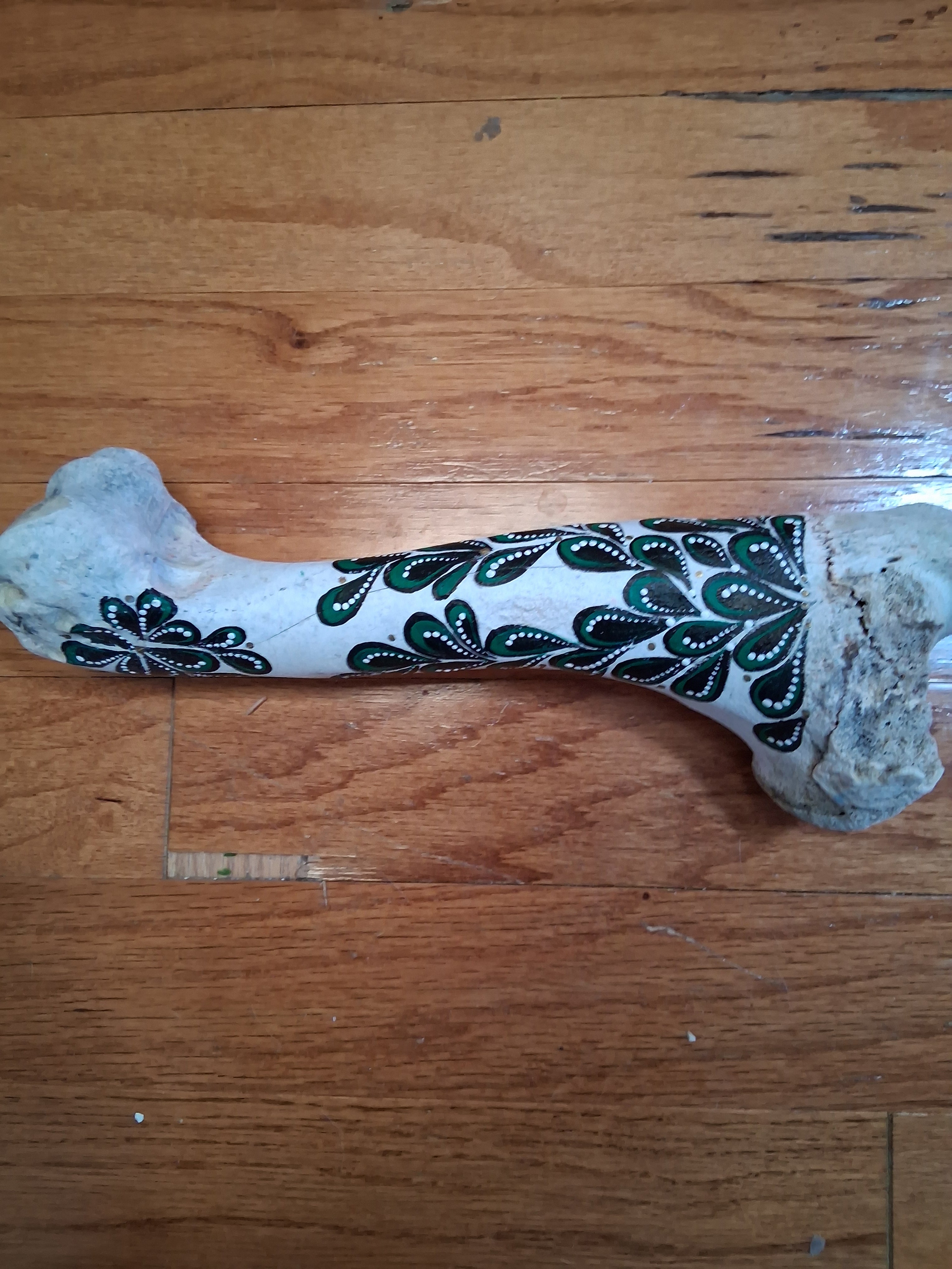 Green & Black Paisley Cow Bone Art | Large Hand Painted Dot Art Boho Decor