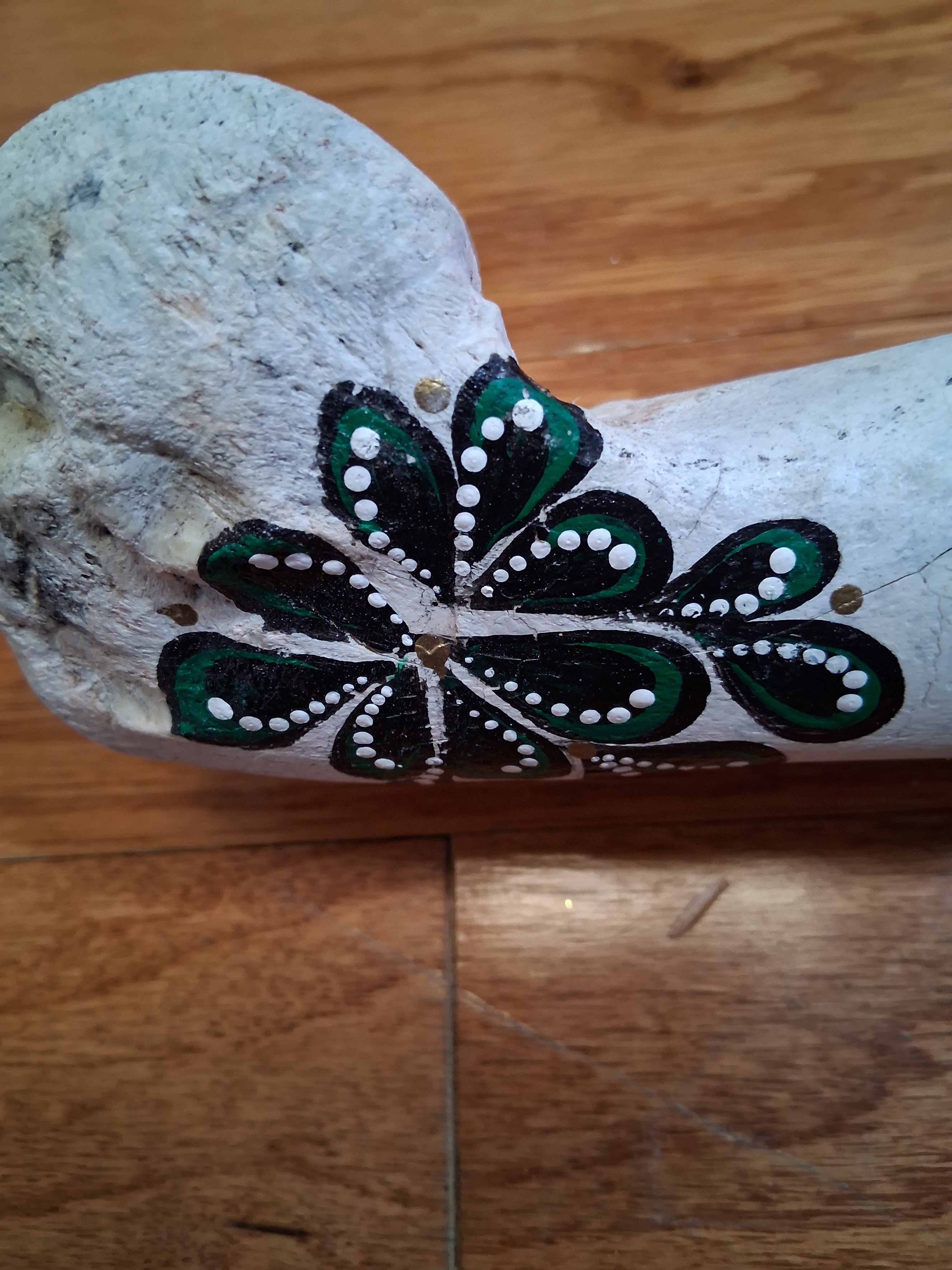Green & Black Paisley Cow Bone Art | Large Hand Painted Dot Art Boho Decor
