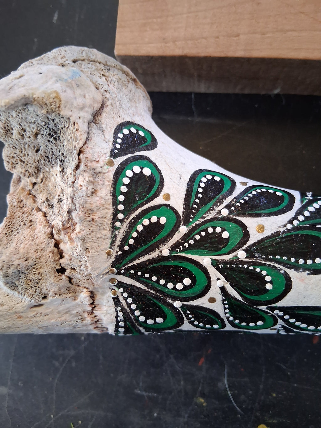 Green & Black Paisley Cow Bone Art | Large Hand Painted Dot Art Boho Decor