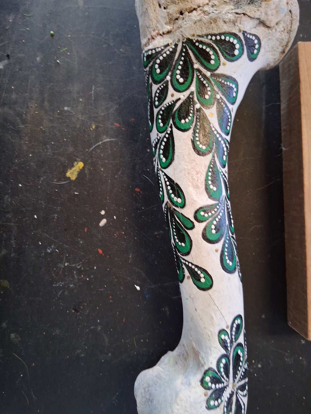 Green & Black Paisley Cow Bone Art | Large Hand Painted Dot Art Boho Decor
