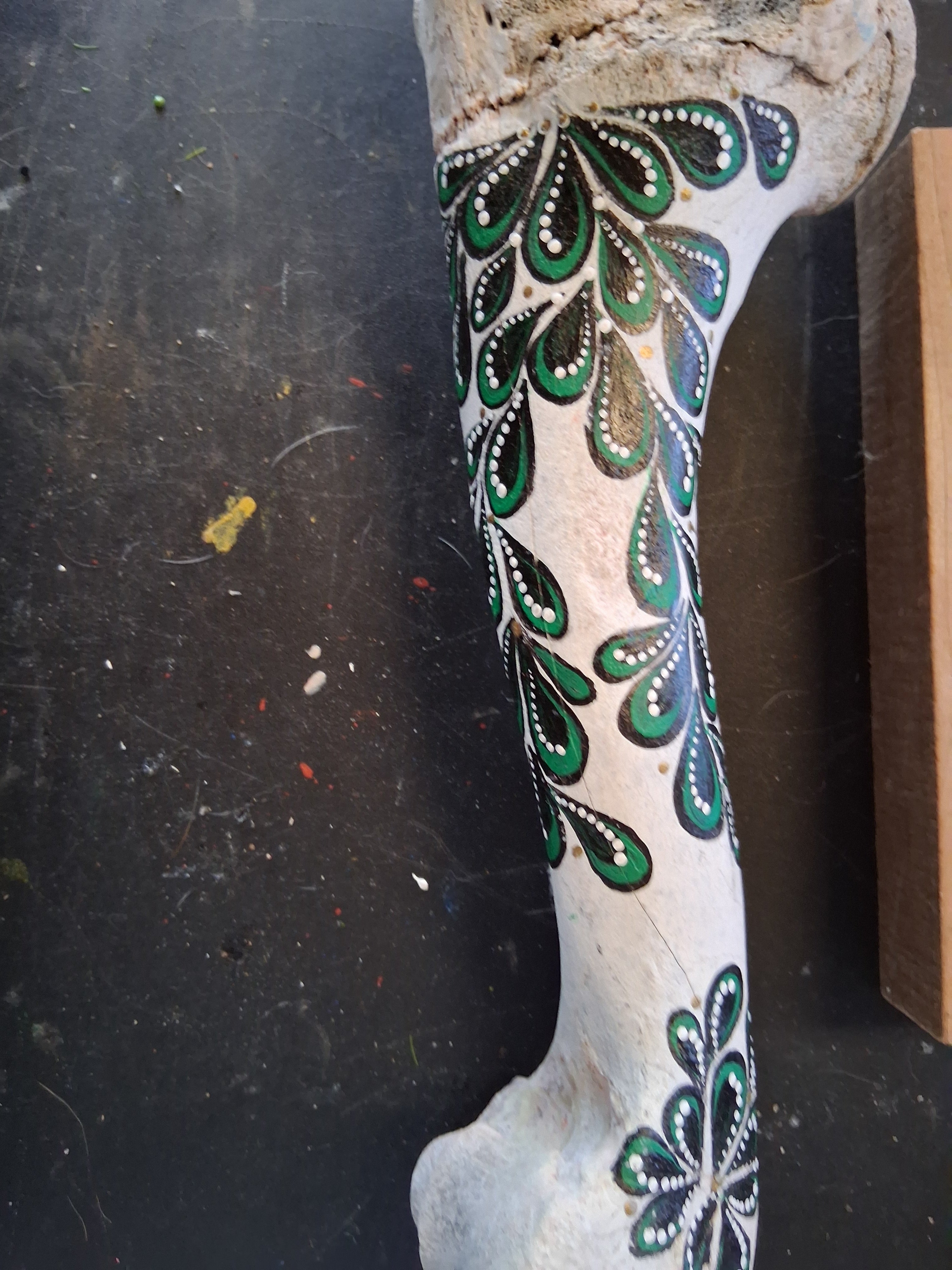 Green & Black Paisley Cow Bone Art | Large Hand Painted Dot Art Boho Decor