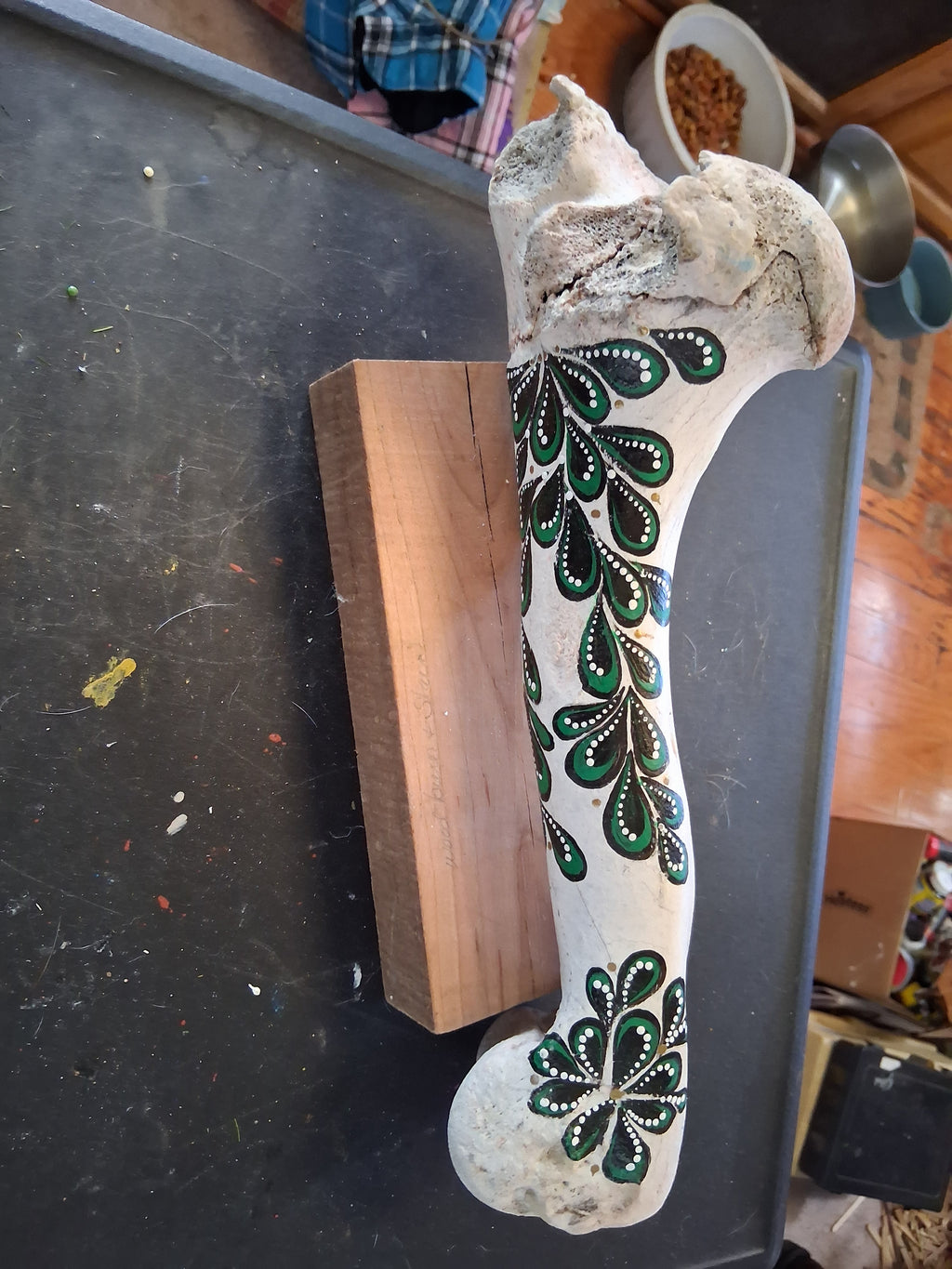 Green & Black Paisley Cow Bone Art | Large Hand Painted Dot Art Boho Decor