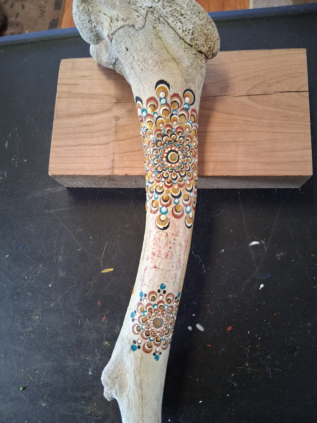 Teal & Rust Mandala Elk Bone Art | Large Hand Painted Dot Art Boho Rustic Decor