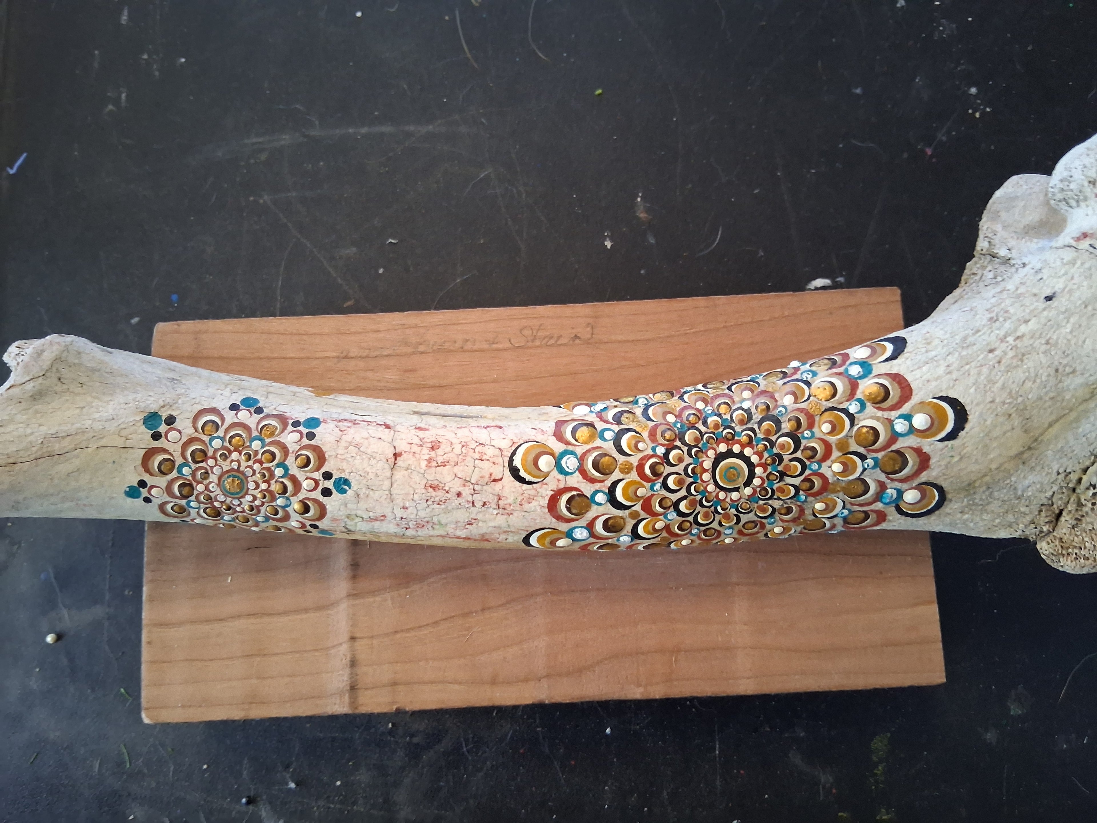Teal & Rust Mandala Elk Bone Art | Large Hand Painted Dot Art Boho Rustic Decor
