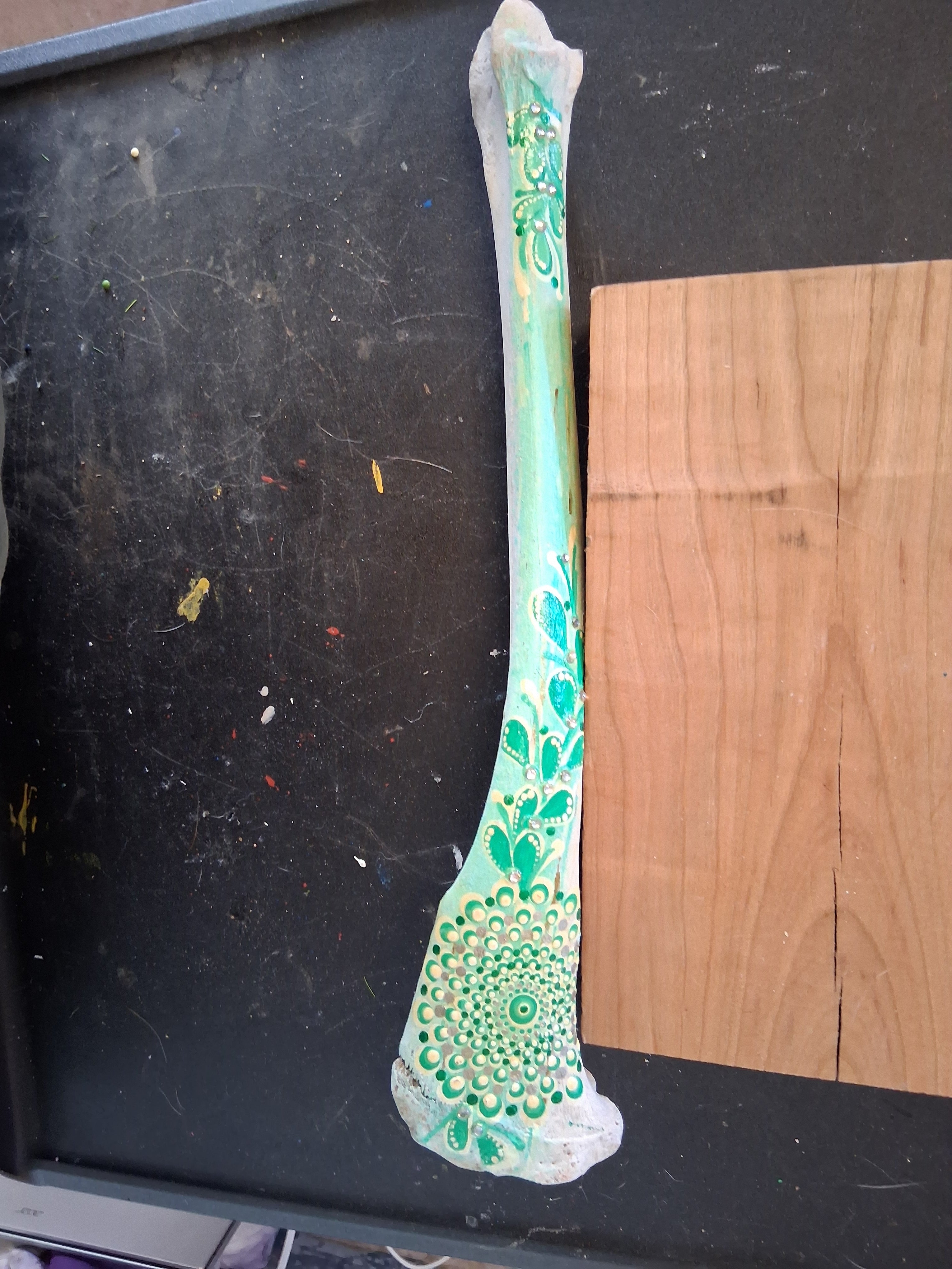 Mint Green Mandala Bone Art | Hand Painted Dot Art Botanical Boho Decor
