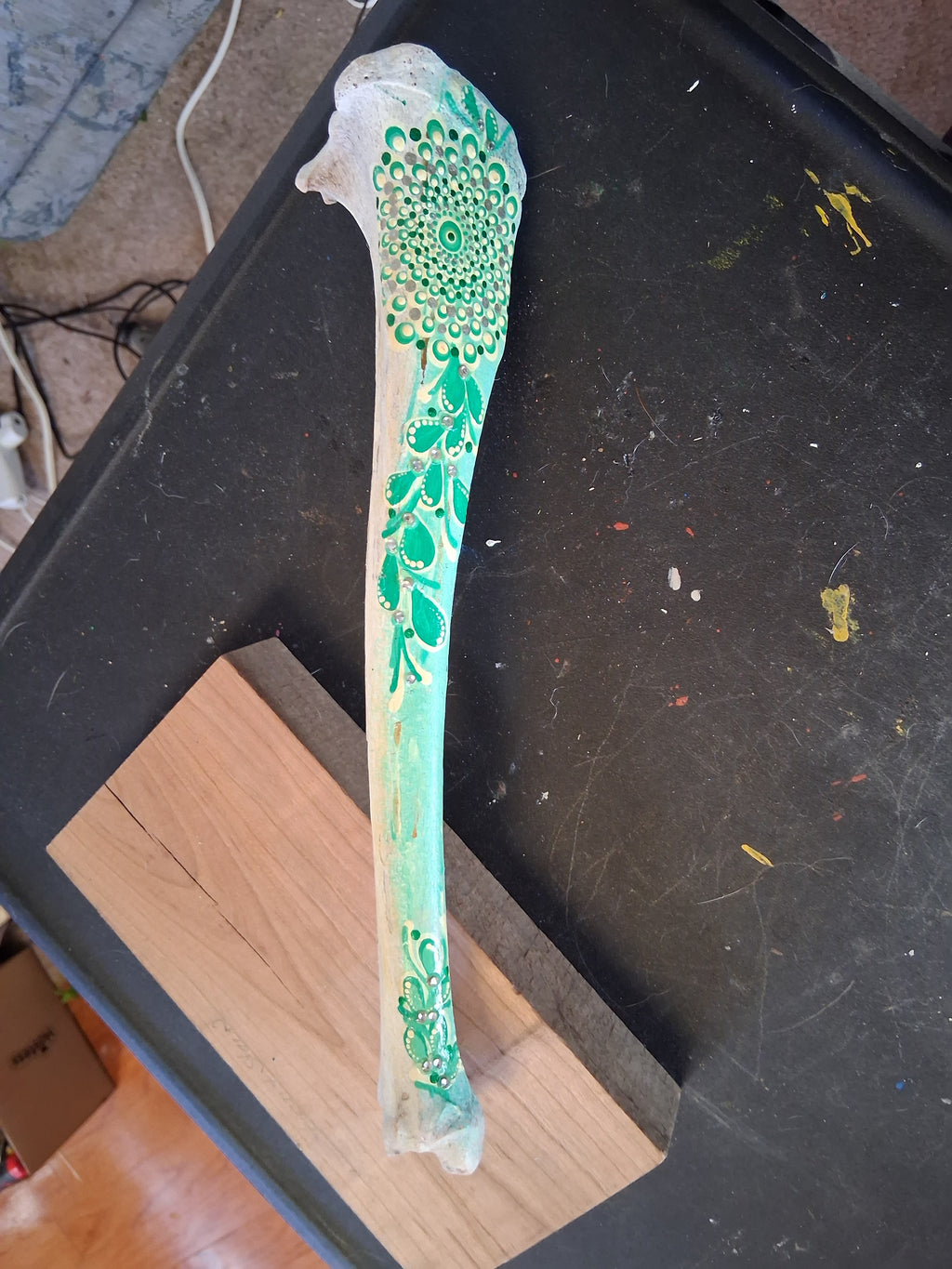 Mint Green Mandala Bone Art | Hand Painted Dot Art Botanical Boho Decor