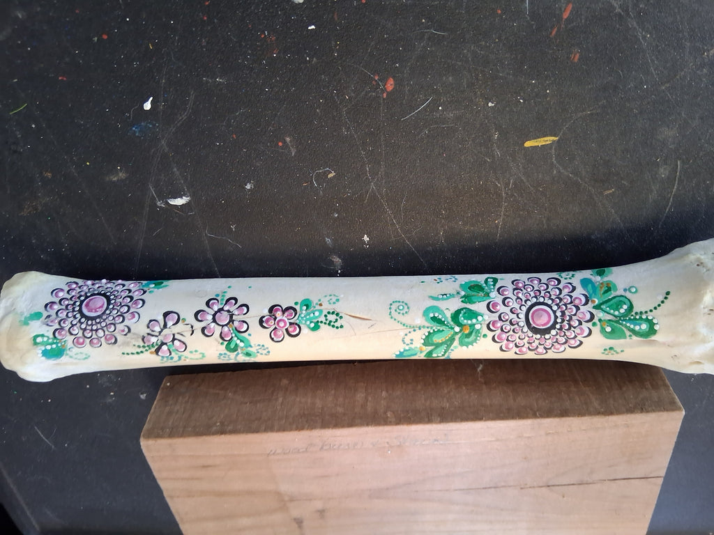 Teal & Purple Flower Mandala Bone Art | Original Hand Painted Dot Art Boho Decor