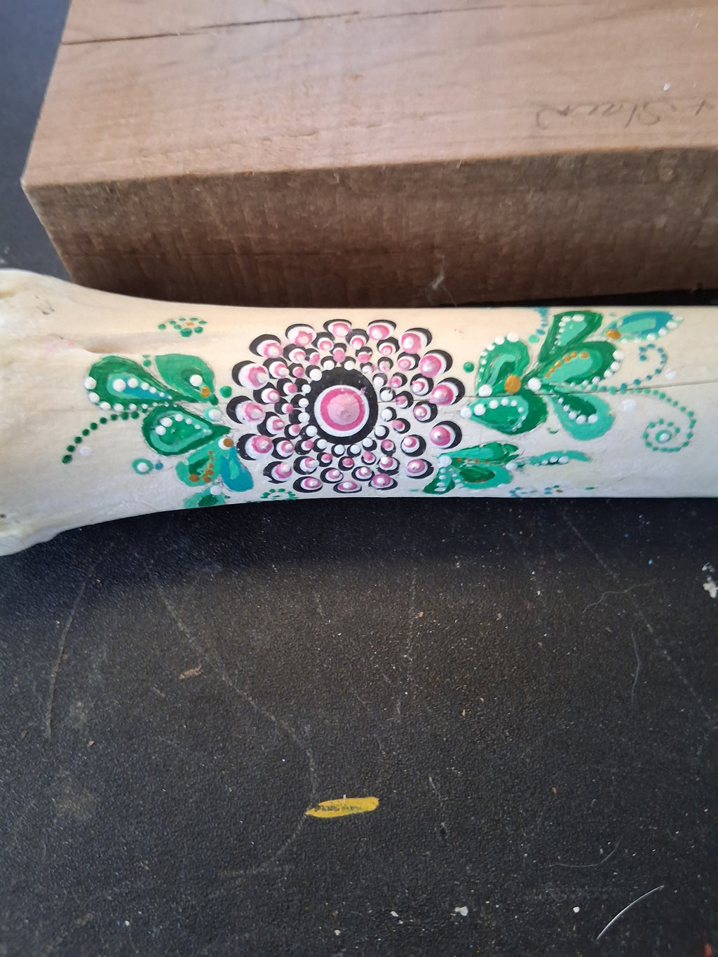 Teal & Purple Flower Mandala Bone Art | Original Hand Painted Dot Art Boho Decor