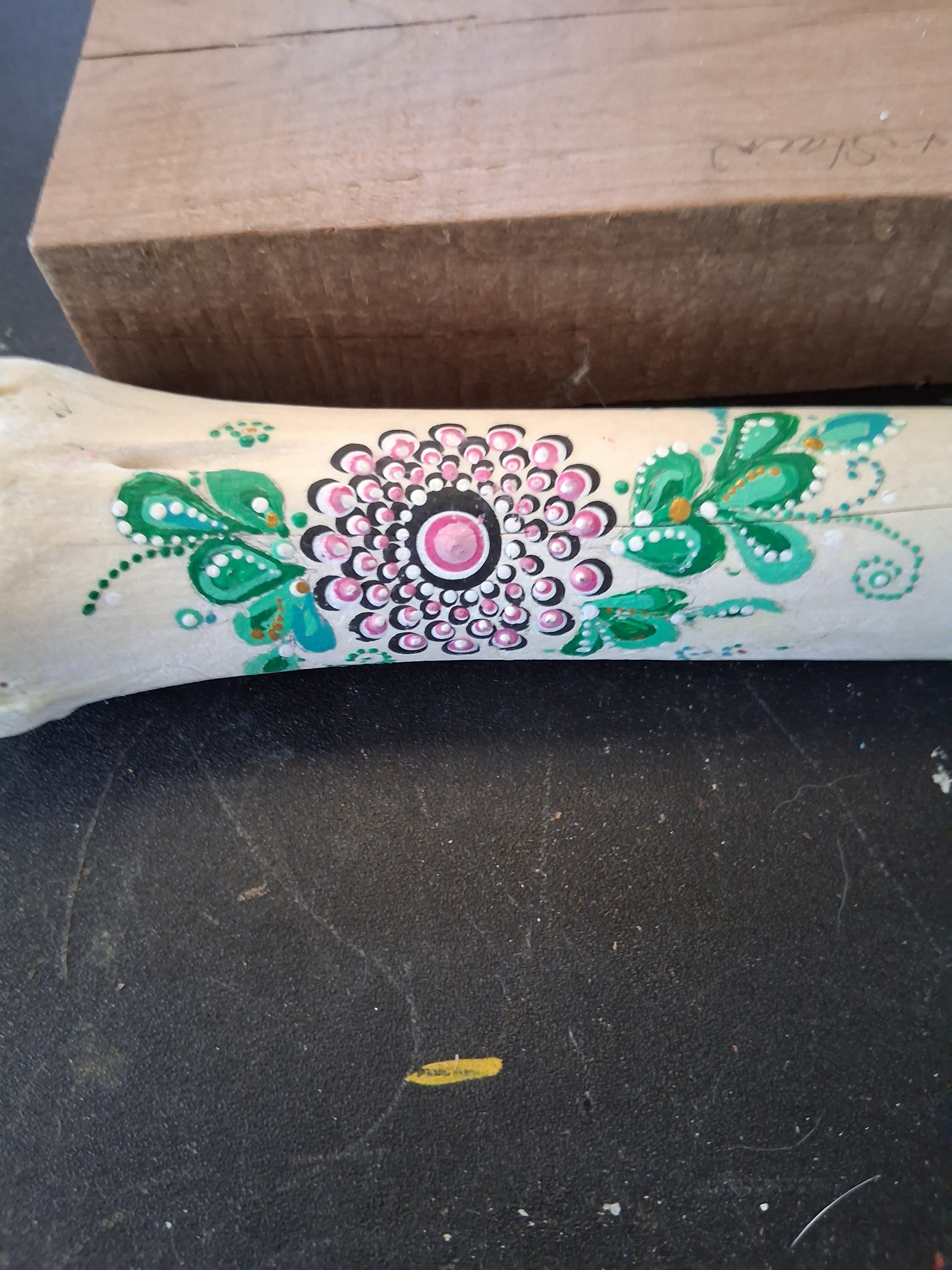 Teal & Purple Flower Mandala Bone Art | Original Hand Painted Dot Art Boho Decor