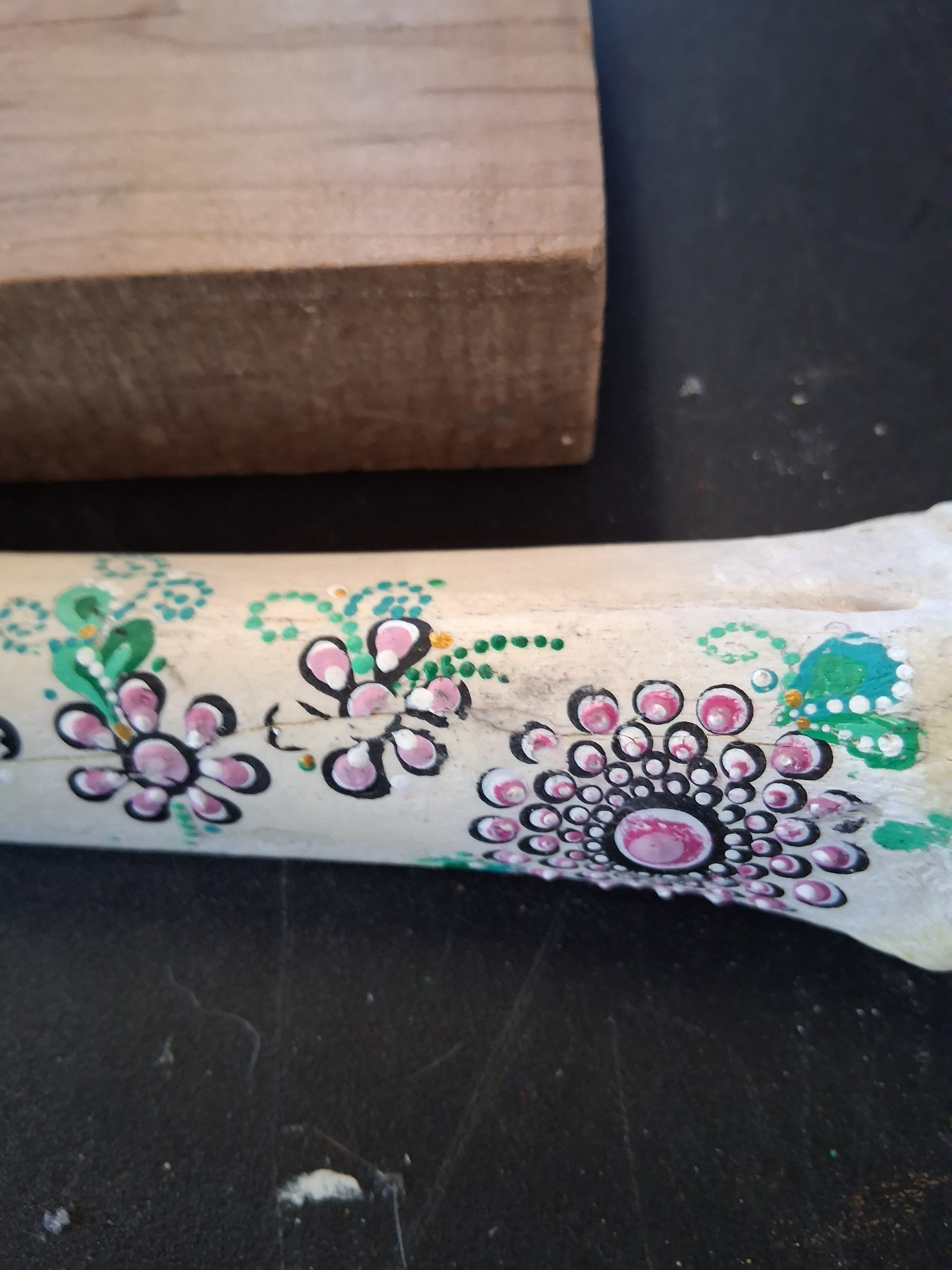 Teal & Purple Flower Mandala Bone Art | Original Hand Painted Dot Art Boho Decor