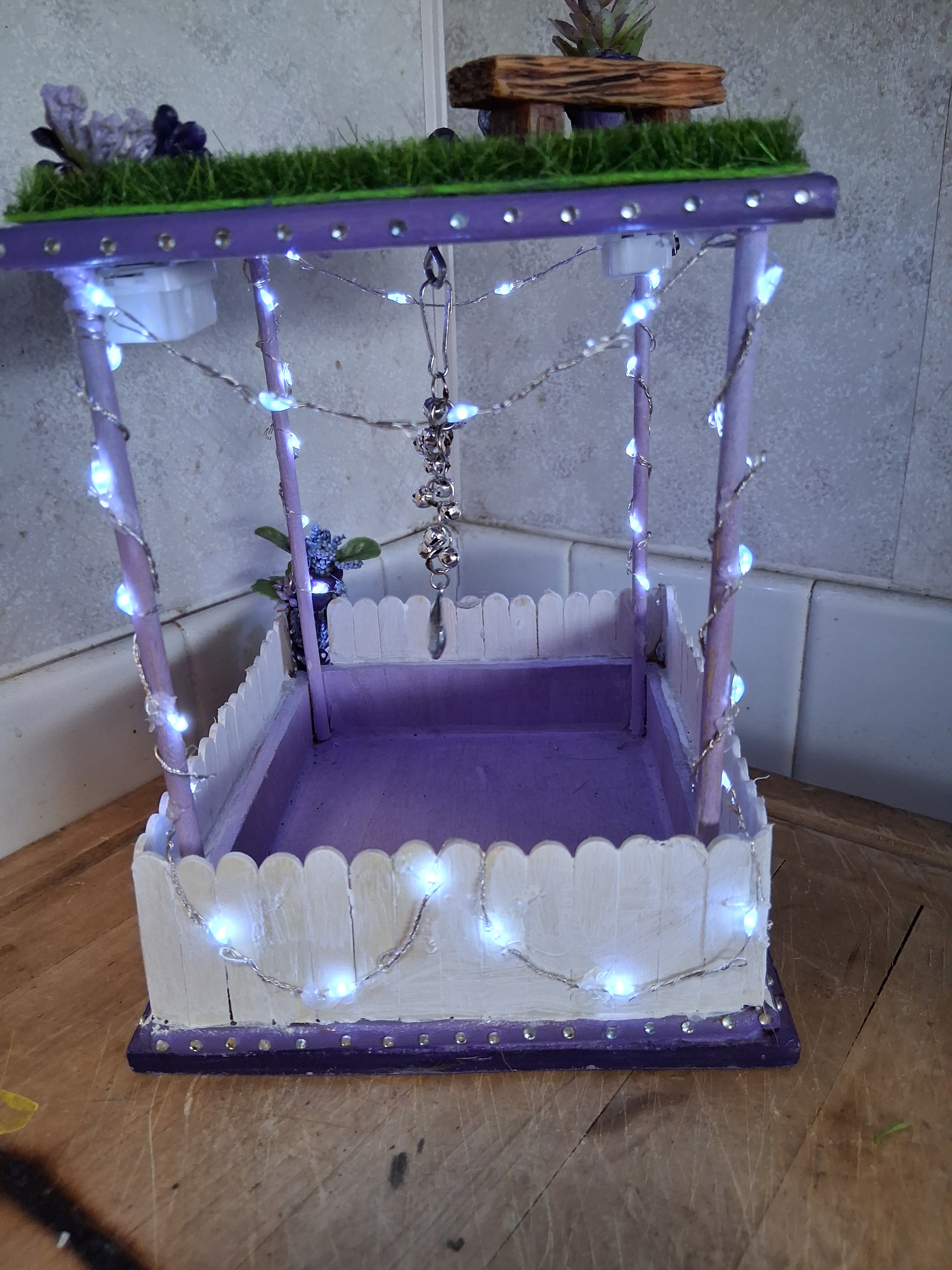 Purple Fairy Garden Bird Feeder | Handmade LED Lights Whimsical Cottagecore Decor