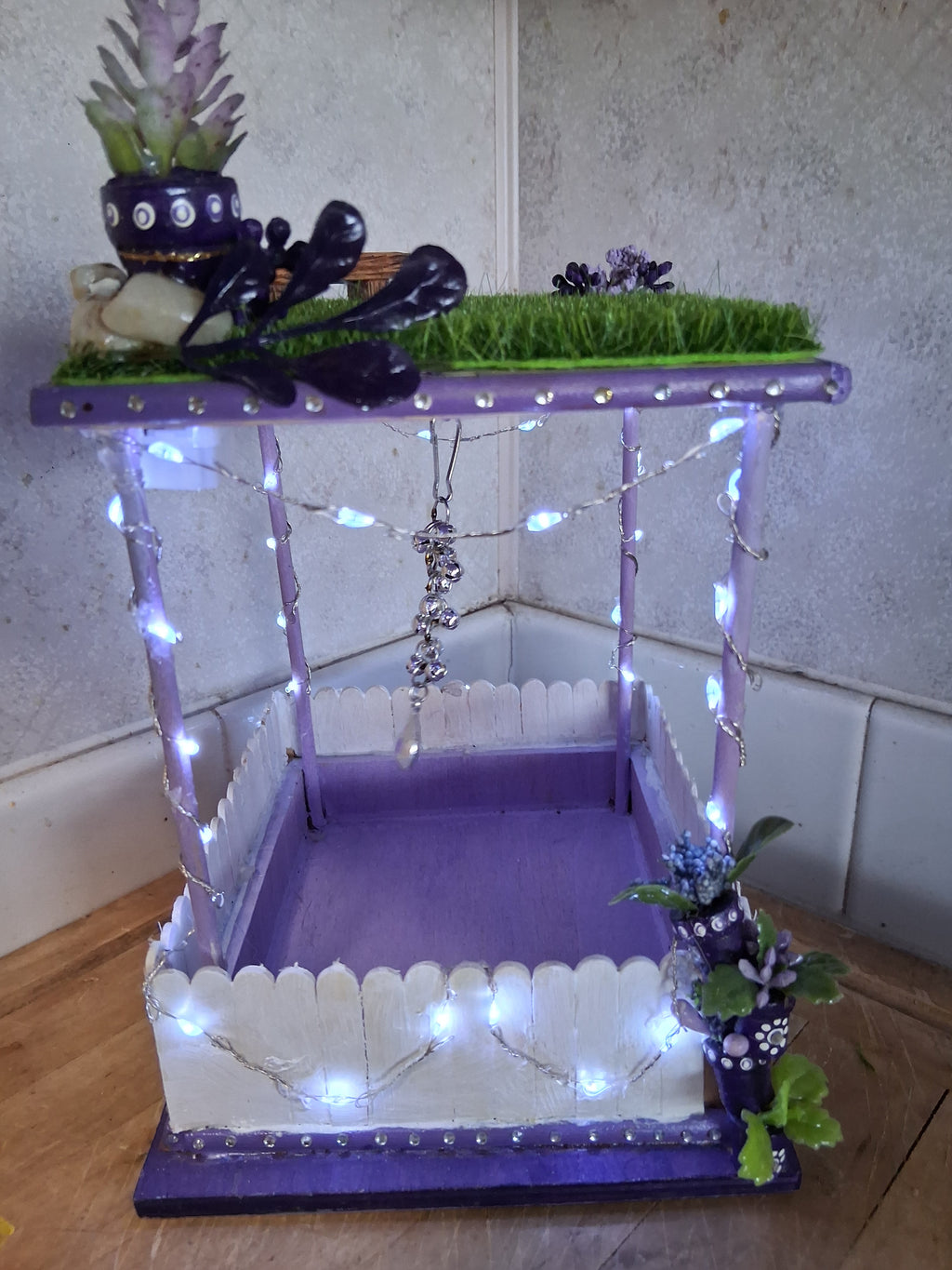 Purple Fairy Garden Bird Feeder | Handmade LED Lights Whimsical Cottagecore Decor