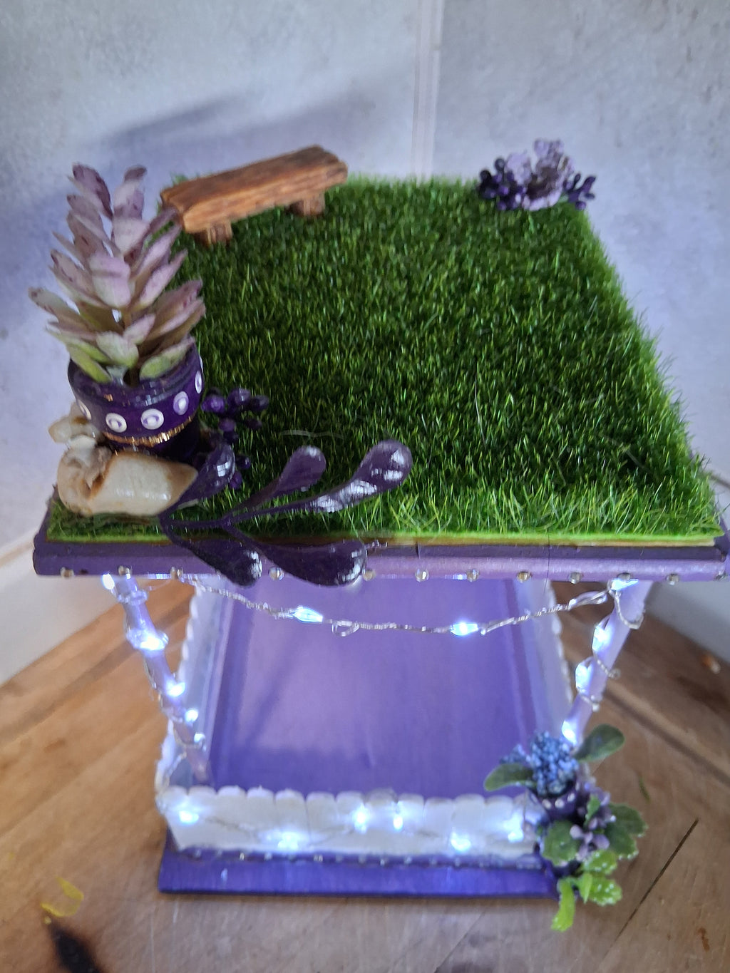 Purple Fairy Garden Bird Feeder | Handmade LED Lights Whimsical Cottagecore Decor