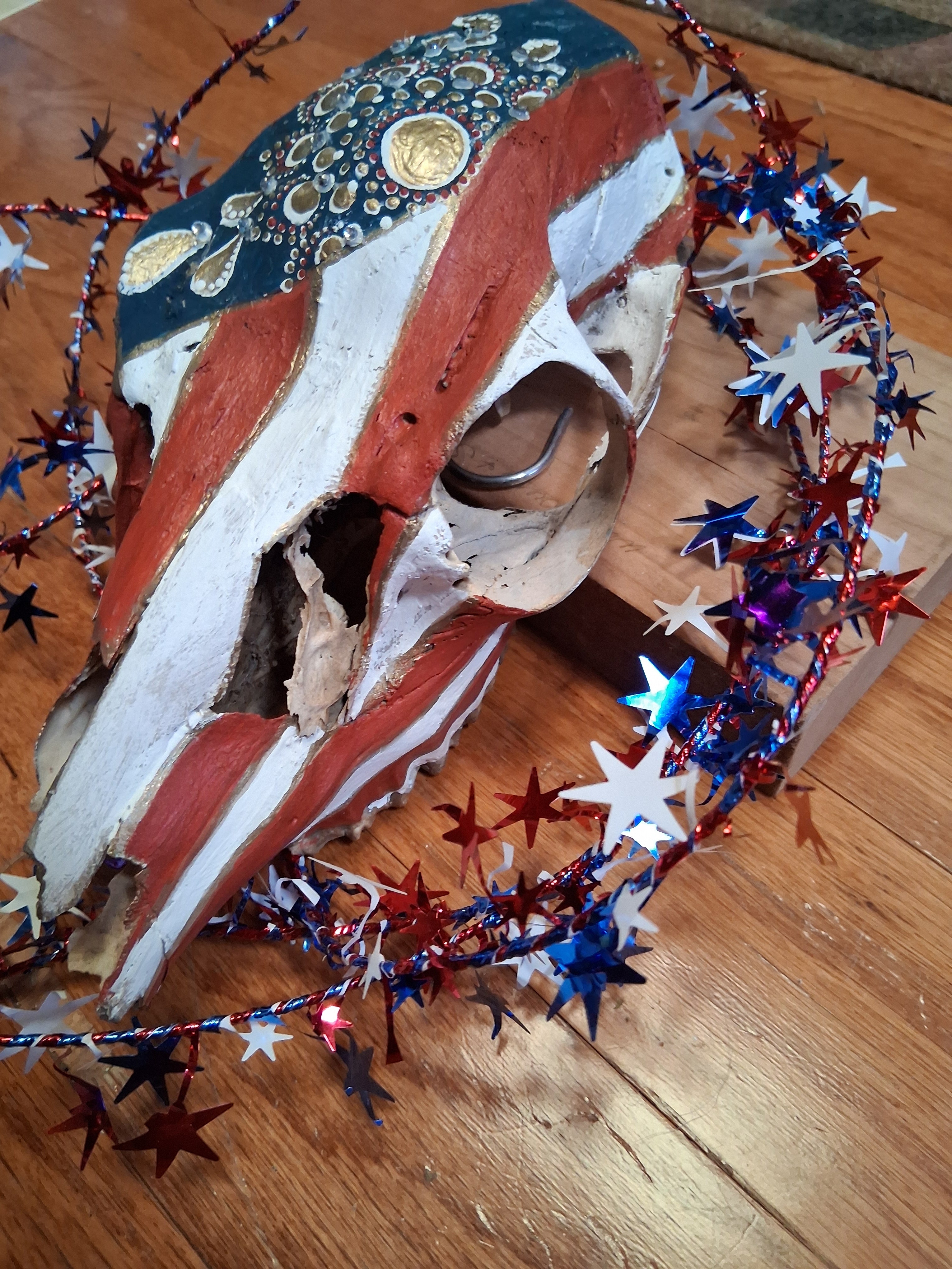 Patriotic Mandala Deer Skull Wall Art | Hand Painted Stars Stripes Americana Decor