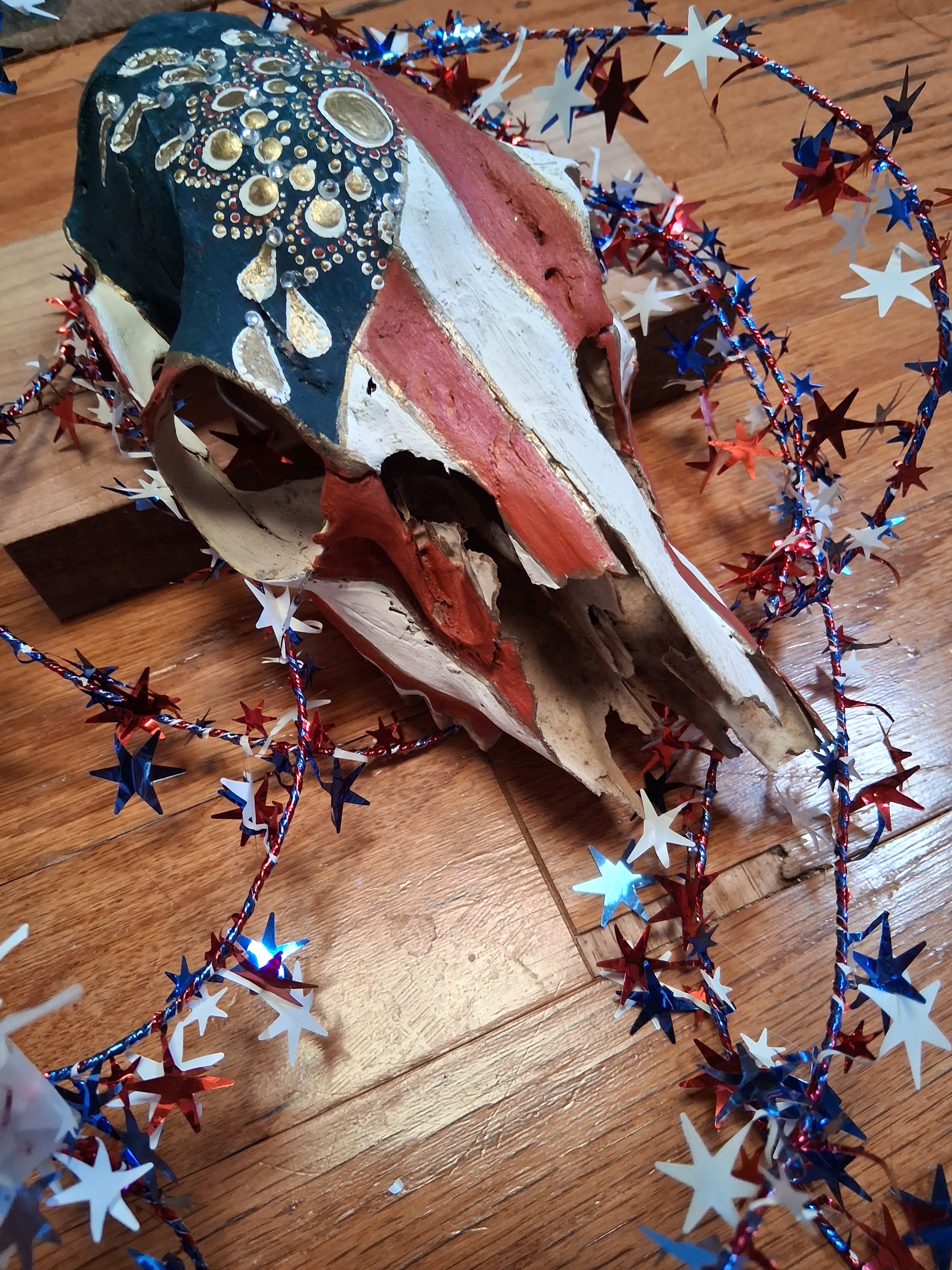 Patriotic Mandala Deer Skull Wall Art | Hand Painted Stars Stripes Americana Decor