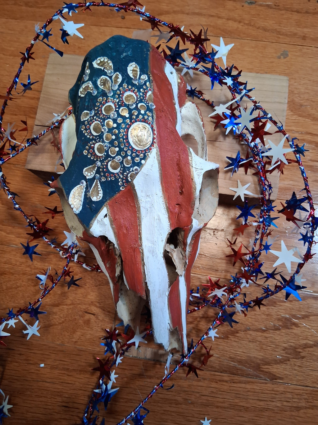 Patriotic Mandala Deer Skull Wall Art | Hand Painted Stars Stripes Americana Decor