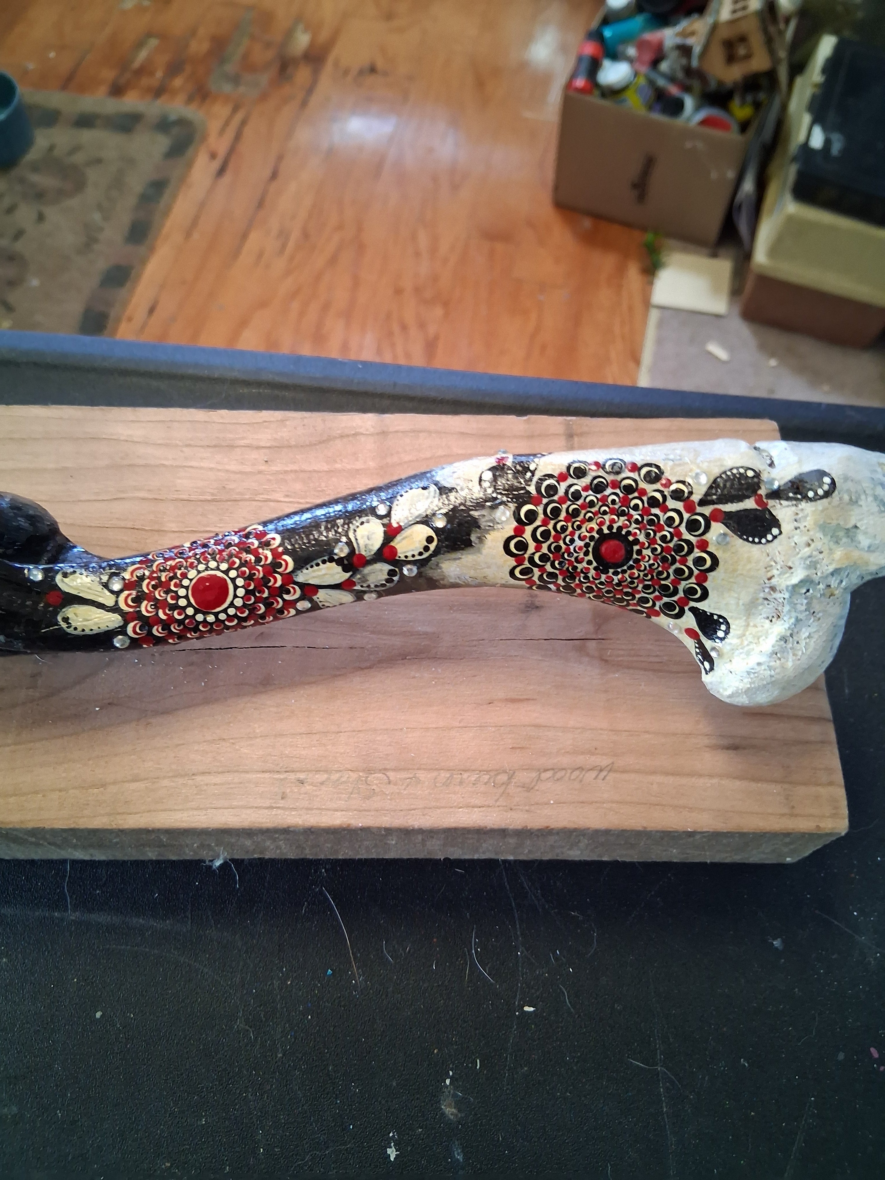 Red Gold & Black Mandala Deer Bone Art | Hand Painted Dot Art Boho Rustic Decor