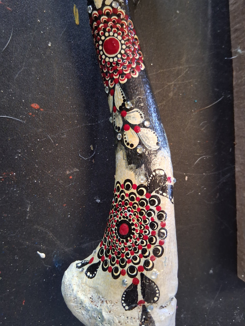 Red Gold & Black Mandala Deer Bone Art | Hand Painted Dot Art Boho Rustic Decor