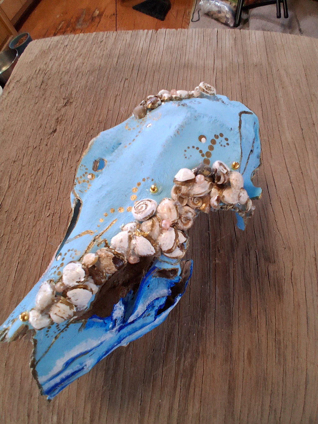 Deer Skull Seaside Wall Art | Hand Painted Gold Leaf Coastal Boho Decor