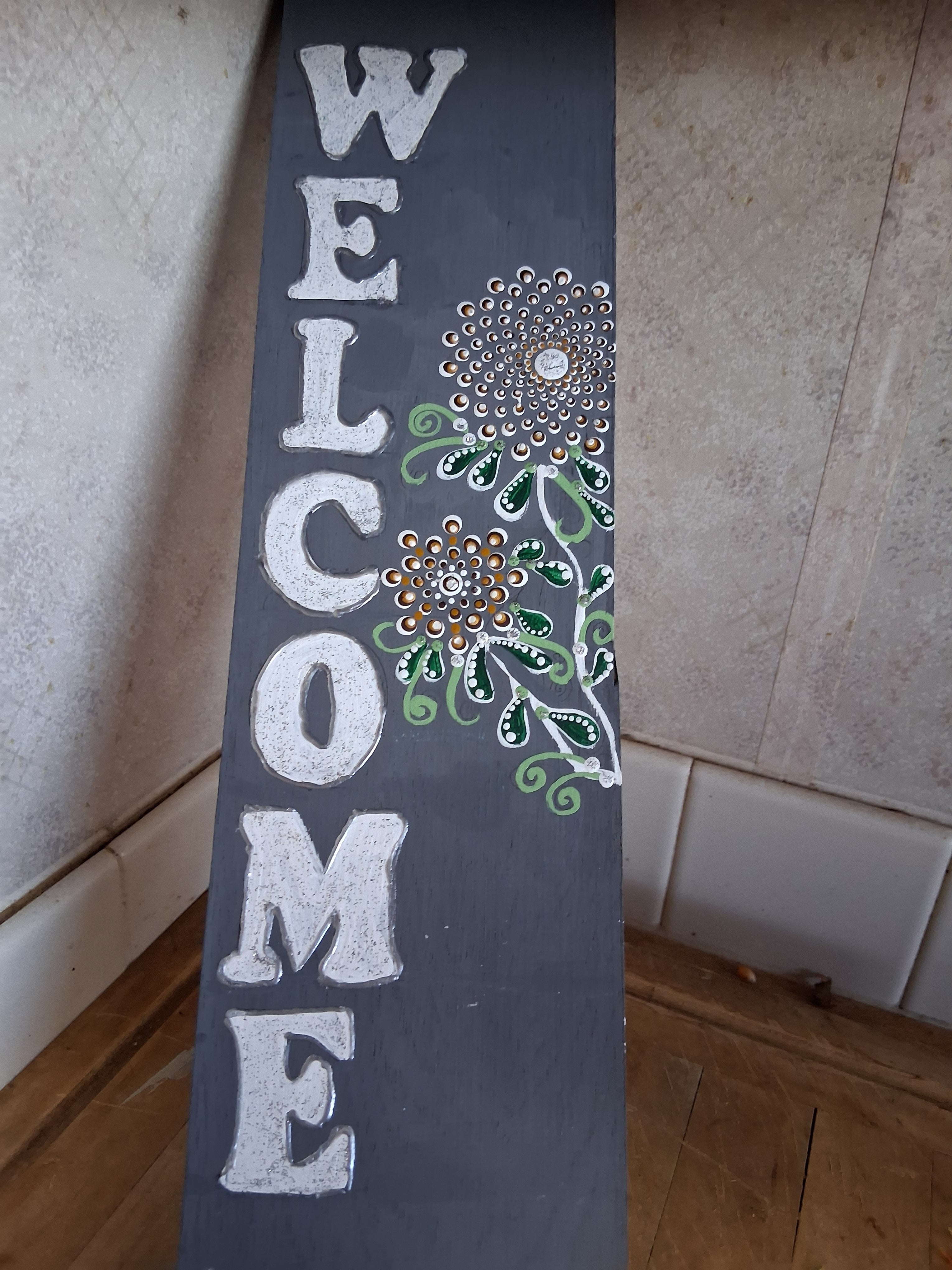 Welcome Sign | Hand Painted Dot Art Floral Wood Porch Decor
