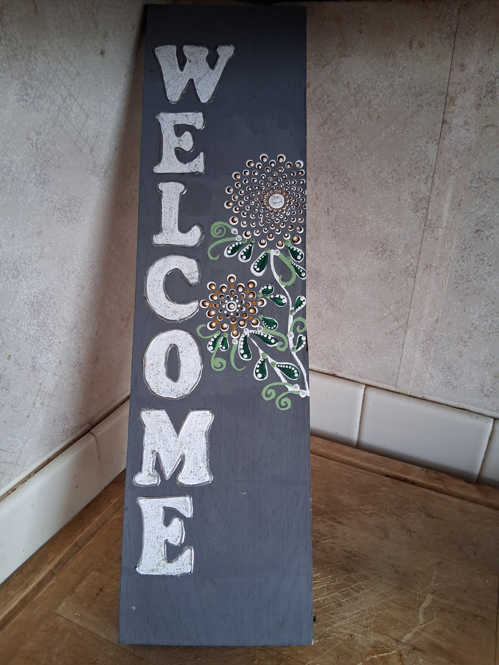 Welcome Sign | Hand Painted Dot Art Floral Wood Porch Decor